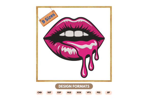Dripping Pink Lips Embroidery Design