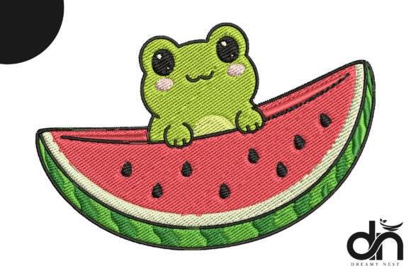 Kawaii Frog in Watermelon Embroidery